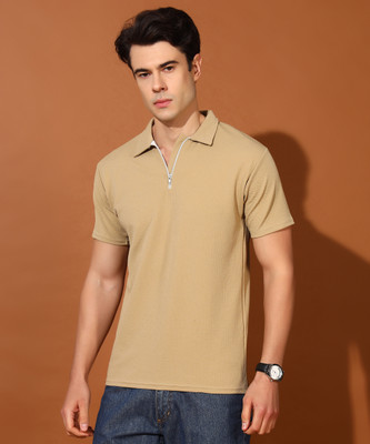 Christy World Solid Men Polo Neck Beige T-Shirt