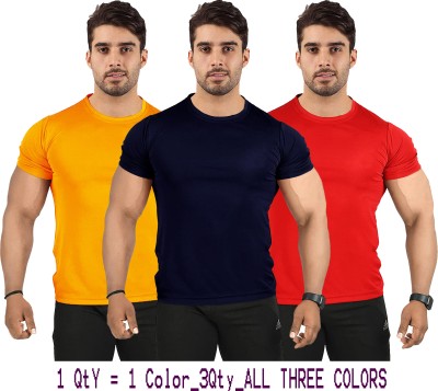 UDI n ADI Solid Men Round Neck Dark Blue, Red, Yellow T-Shirt