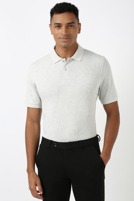 PETER ENGLAND Printed Men Polo Neck Grey T-Shirt