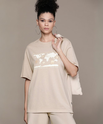 Roadster Printed Women Round Neck Brown T-Shirt