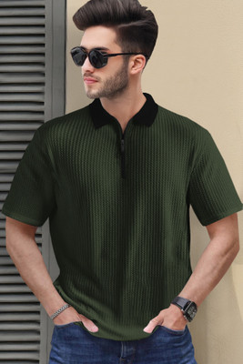 TRIPR Solid Men Polo Neck Dark Green, Black T-Shirt