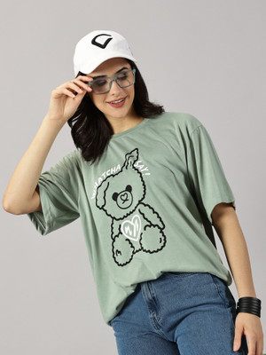 RodZen Printed Women Round Neck Green T-Shirt