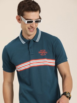 HERE&NOW Striped Men Polo Neck Blue T-Shirt