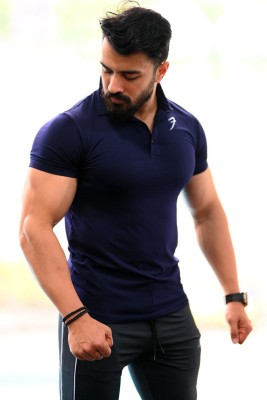 FuaarK Solid Men Polo Neck Navy Blue T-Shirt