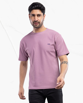 3BROS Solid Men Round Neck Pink T-Shirt