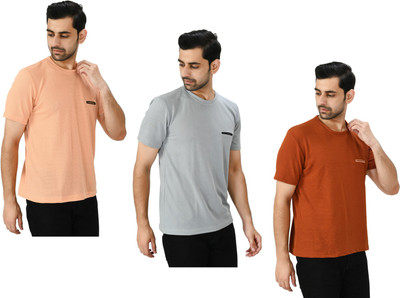 IndiWeaves Solid Men Round Neck Pink, Orange, Grey T-Shirt