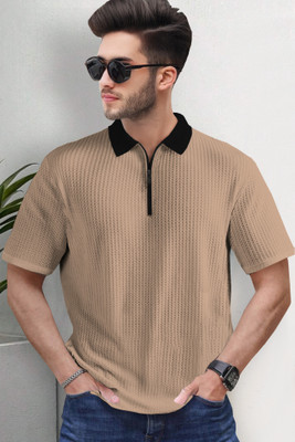 TRIPR Solid Men Polo Neck Beige T-Shirt