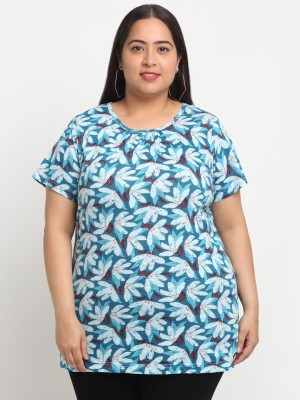 PLUSS Printed Women Round Neck Blue T-Shirt