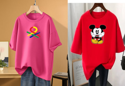 RAPTUROUS Printed Women Round Neck Pink, Red T-Shirt