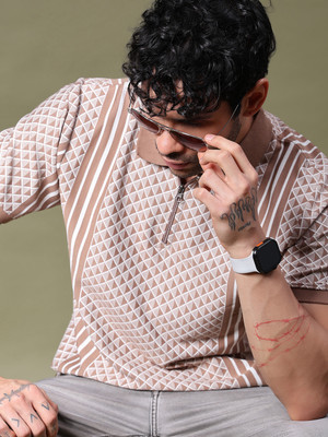 V-MART Printed Men Polo Neck Brown T-Shirt