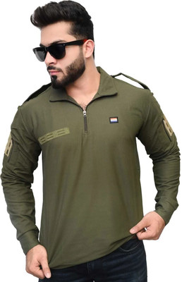 AZYXREN Self Design Men Zip Neck Dark Green T-Shirt