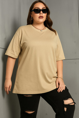 Rockwell Solid Women Round Neck Beige T-Shirt