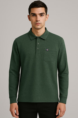 SAND PIPER Self Design Men Polo Neck Green T-Shirt