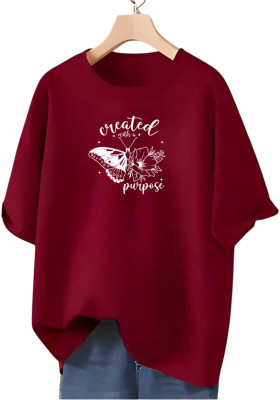Stylicity Printed Women Round Neck Maroon T-Shirt