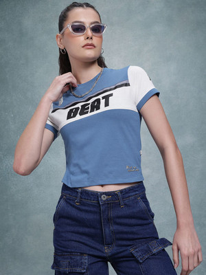 Roadster Printed Women Round Neck Blue T-Shirt