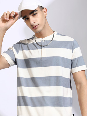 HIGHLANDER Striped Men Henley Neck White T-Shirt