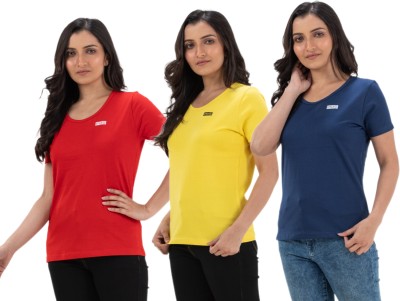 STYLE AK Solid Women Round Neck Red, Gold, Blue T-Shirt