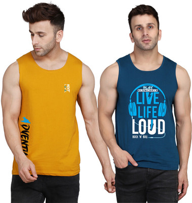 SLOWLORIS Printed Men Scoop Neck Dark Blue, Yellow, White T-Shirt