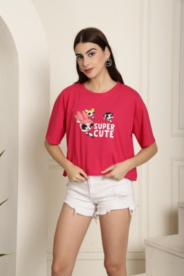 THE POWER PUFF GIRLS by DreamBe Printed Women Round Neck Pink T-Shirt