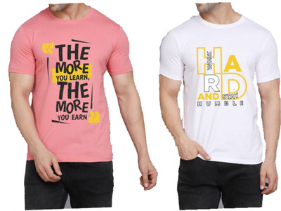 WOOSTRO Printed Men Round Neck Pink, White T-Shirt