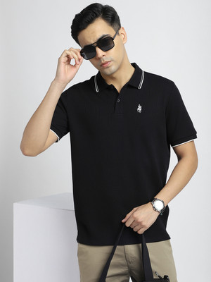R&B Self Design Men Polo Neck Black T-Shirt