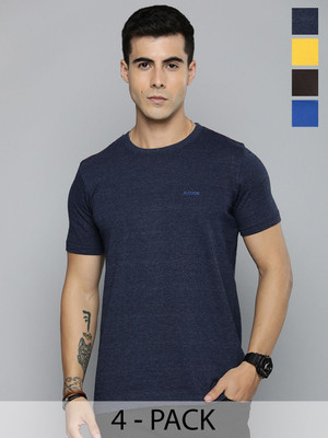 R.Code by The Roadster Life Co. Solid Men Round Neck Navy Blue, Blue, Brown, Yellow T-Shirt