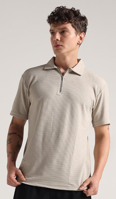 INDICLUB Self Design Men Zip Neck Beige T-Shirt