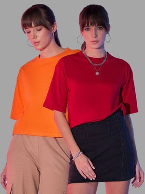 DIMPY GARMENTS Solid Women Round Neck Orange, Red T-Shirt