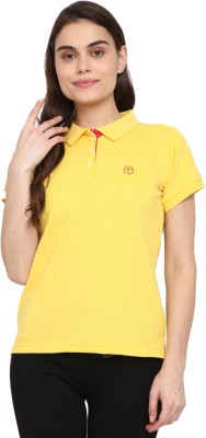 V-MART Solid Women Polo Neck Yellow T-Shirt