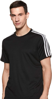 OctaBox Solid, Striped Men Round Neck Black T-Shirt