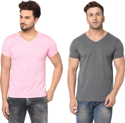 Adorbs Trend Self Design Men V Neck Pink, Grey T-Shirt