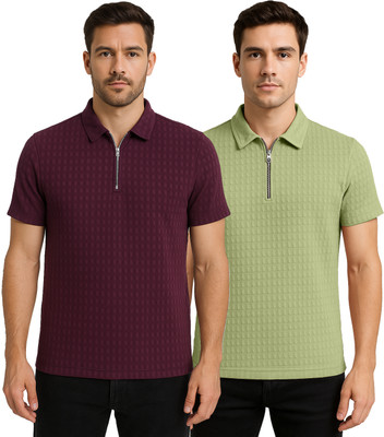 KEOTI Self Design Men Zip Neck Maroon, Light Green T-Shirt