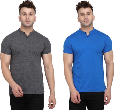 Lawful Casual Solid Men Mandarin Collar Blue, Grey T-Shirt