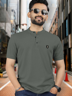 VeBNoR Solid Men Mandarin Collar Green T-Shirt