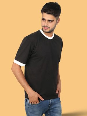 Arfila Solid Men Round Neck Black, White T-Shirt