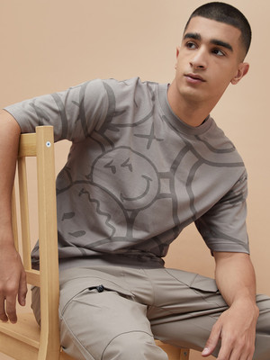 SmileyWorld Printed Men Crew Neck Grey T-Shirt