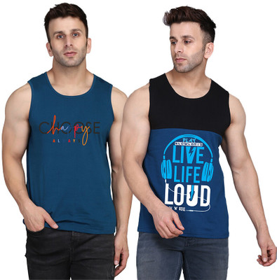 SLOWLORIS Printed Men Round Neck Black, Dark Blue T-Shirt