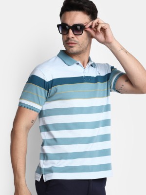 V-MART Striped Men Polo Neck Green T-Shirt