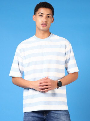 V-MART Striped Men Round Neck Blue, White T-Shirt