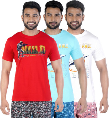 COLORS by Rupa Frontline Graphic Print Men Round Neck Red, Light Blue, White T-Shirt
