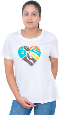 MAZMUN Printed Women Round Neck White T-Shirt