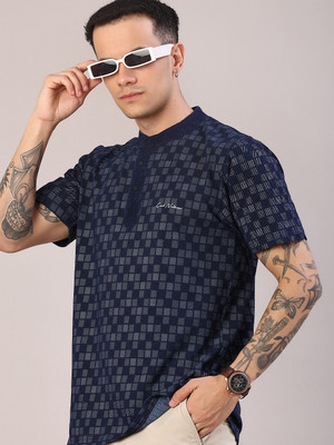 V-MART Printed Men Henley Neck Blue T-Shirt