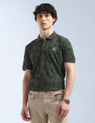 FLYING MACHINE Printed Men Polo Neck Green T-Shirt
