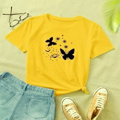 SAHAL FASHION Printed Women Round Neck Yellow T-Shirt