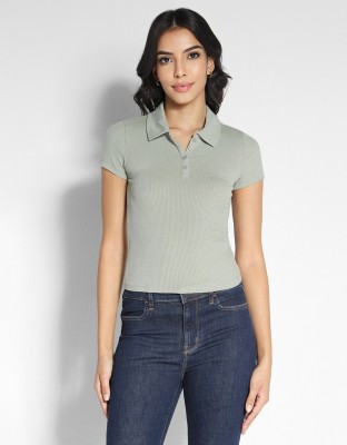 American Eagle Self Design Women Polo Neck Green T-Shirt