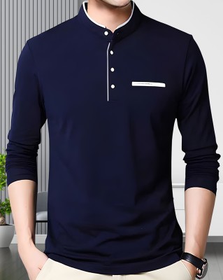 AOOSH Solid Men Mandarin Collar Navy Blue T-Shirt