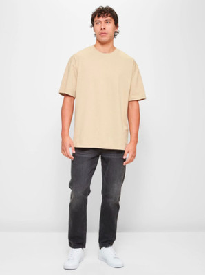 FURRR Solid Men Round Neck Beige T-Shirt