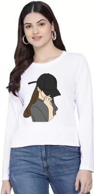 SQF Printed Women Round Neck White T-Shirt