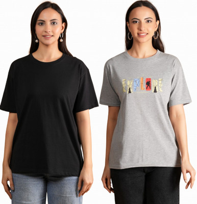 METRONAUT Printed, Solid Women Round Neck Multicolor T-Shirt