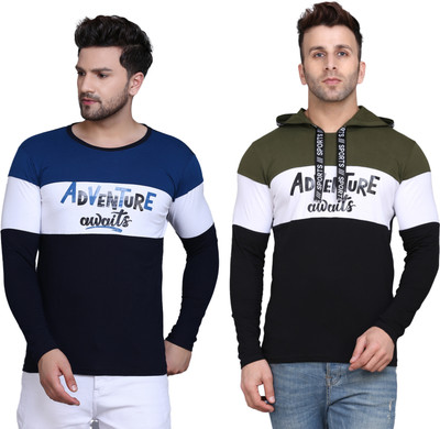 SLOWLORIS Printed Men Hooded Neck Dark Blue, Dark Green T-Shirt